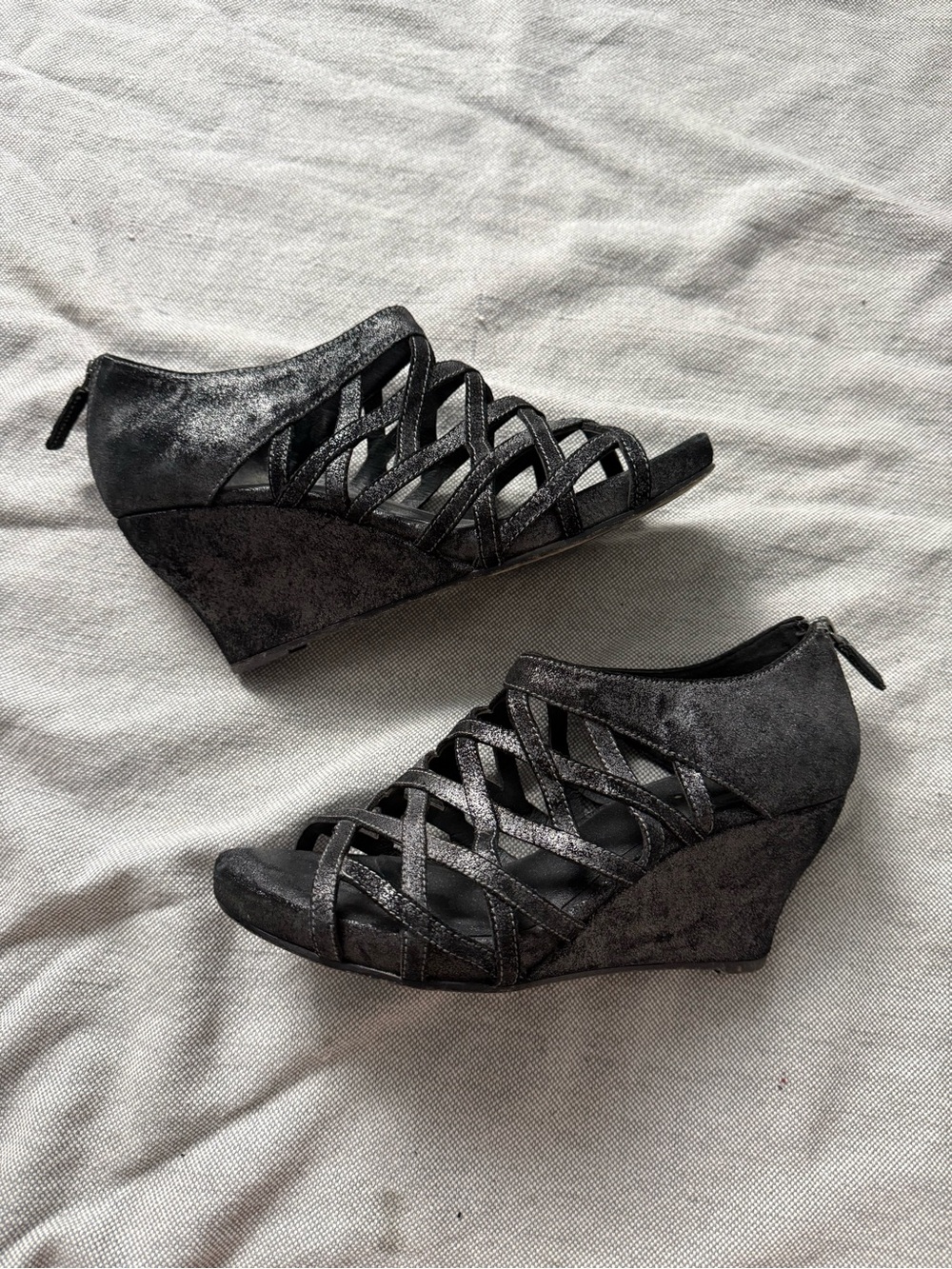 Eileen Fisher Metallic Black Strappy Wedge Sandals
